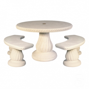 Salon de Jardin Rond 240 cm en Pierre Reconstituée Blanche – Table et 2 Bancs Cintrés, 6 Places, Résistant au Gel, Fabrication Française