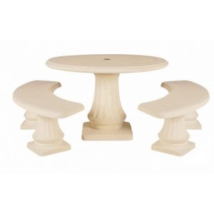 Salon de Jardin Rond 120 cm en Pierre Reconstituée Blanche avec Table et 2 Bancs Cintrés – Résistant au Gel, Fabrication Française