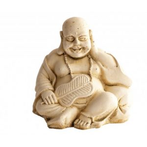 Statue Bouddha Assis avec Feuille de Palmier en Pierre Reconstituée – Décoration Zen pour Jardin et Intérieur, Résistante au Gel, Fabrication Française