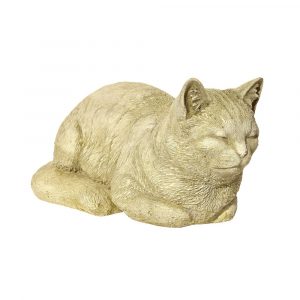 Statue chat ronronnant en pierre reconstituée vieillie – Sculpture décorative apaisante