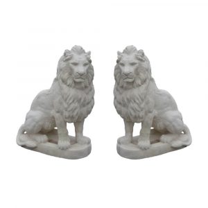 Paire de Lions Géants Assis en Pierre Reconstituée Blanche – Statues de Jardin 130 cm Résistantes au Gel