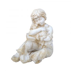 Statue décorative petit garçon avec chaton en pierre reconstituée – Décoration intérieure et extérieure